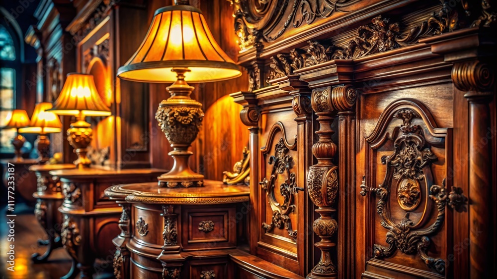 Obraz premium Antique Furniture Night Photography: Dark Wood, Elegant Details