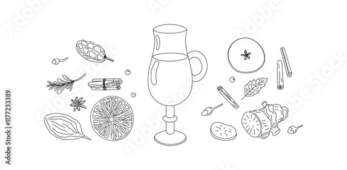 Drink glass with ingredients. Mulled wine recipe. Wine drink, spice linear icons. Restaurant drink card, menu, culinary master class on winemaking.