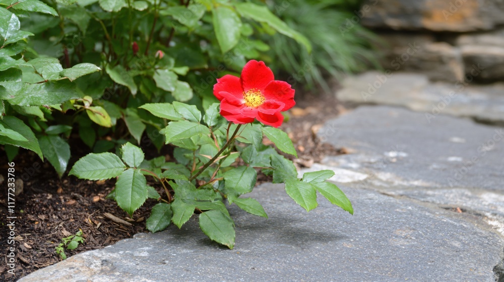 Vibrant Red Flower Blooming on Stone Pathway Surrounded by Lush Green Leaves