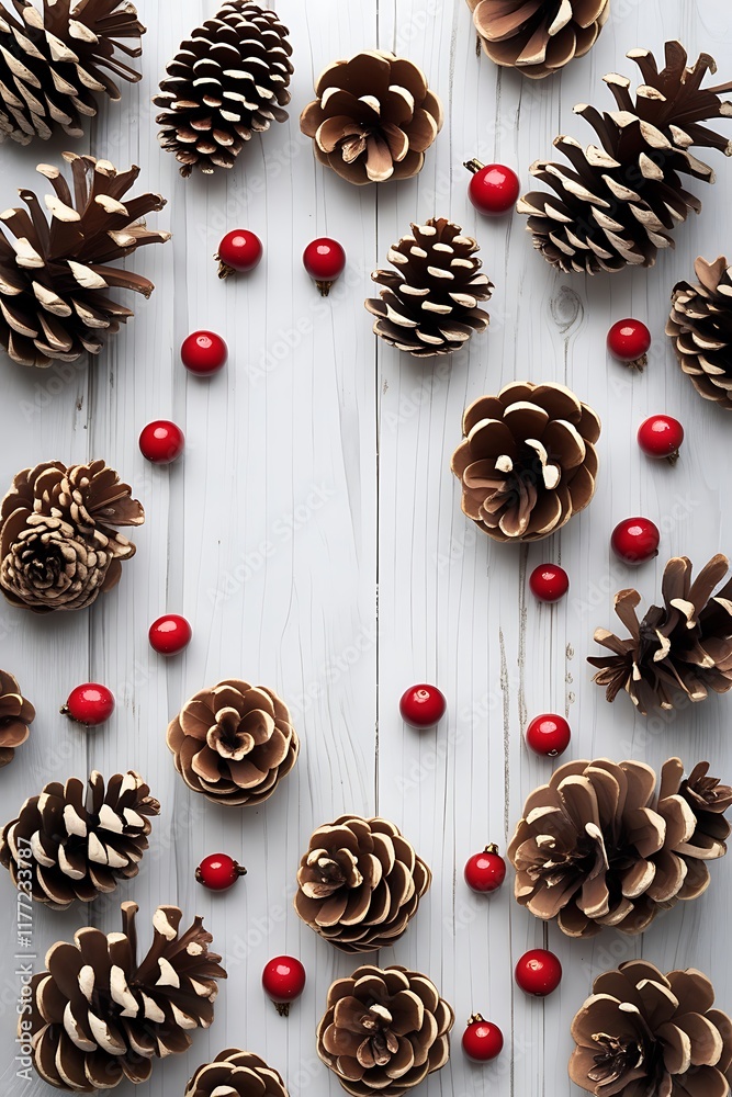 Obraz premium Christmas pine cones and vibrant red berries displayed on a textured white wooden surface