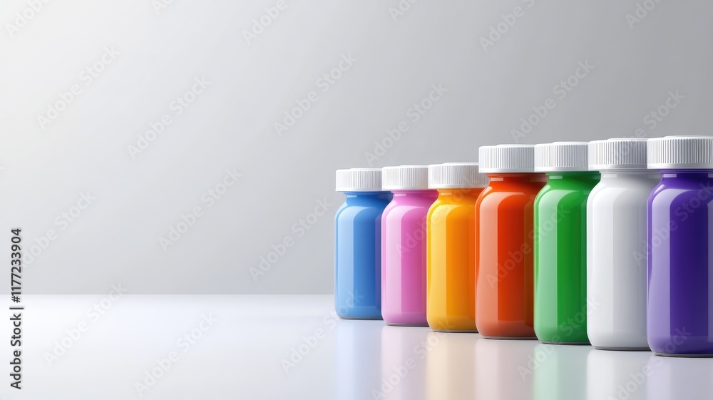 Colorful plastic jars with white lids arranged in row on surface Colorful plastic jars with white lids arranged in row on surface