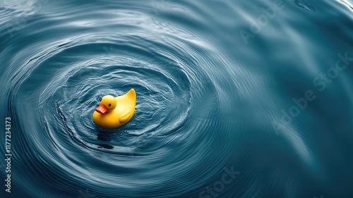 Yellow rubber duck floats in rippling water photo