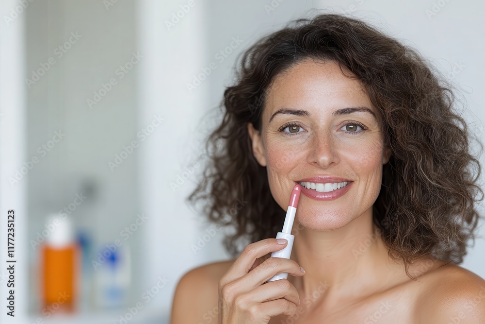 A smiling young woman with curly hair joyfully applies a pink lip product, showcasing the joy of beauty and confidence in a bright and inviting atmosphere that inspires creativity.