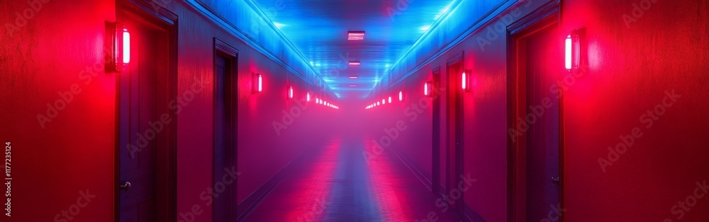 A futuristic corridor illuminated with neon lights, perfect for sci-fi, gaming, or modern studio backgrounds. A futuristic corridor illuminated with neon lights, perfect for sci-fi, gaming, or modern studio backgrounds.