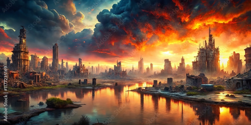 Fototapeta premium Apocalyptic Panoramic: Sunken City, Desolate Landscape, Post-Apocalyptic World