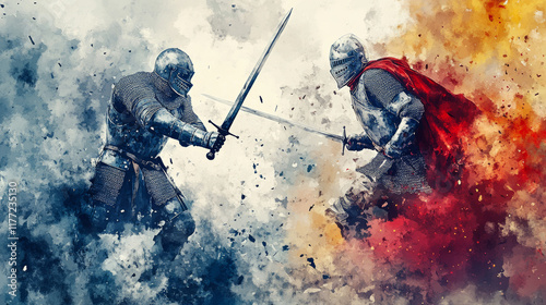 Intense clash of knights in full armor, swords drawn amidst vivid backdrop of swirling colors. scene captures drama and energy of battle