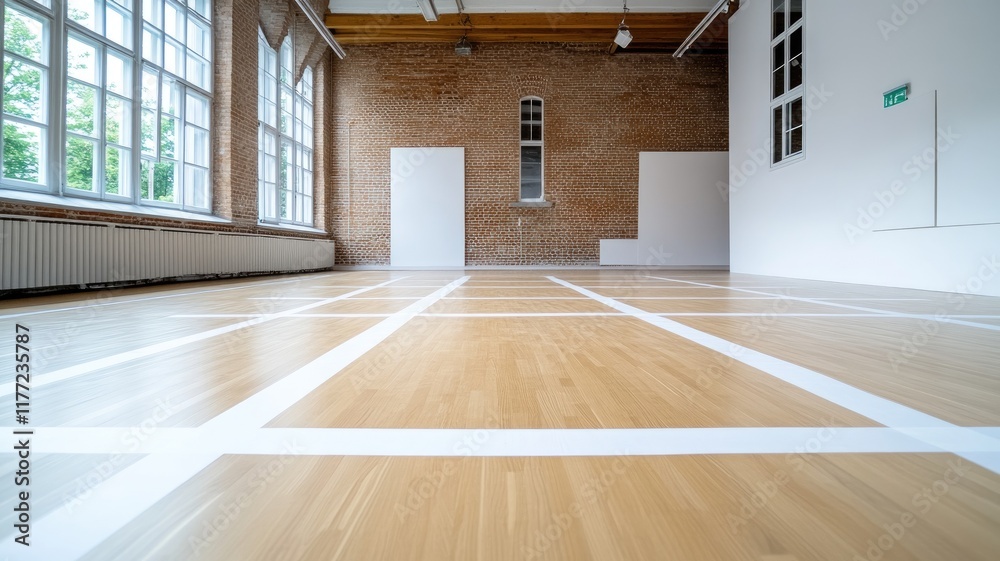 Obraz premium Spacious and bright room with large windows, wooden floor