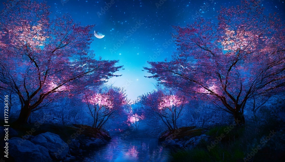 Obraz premium 幻想的な夜桜の風景、青い光のアクセント、美しい配色、綺麗な背景画像 Generated by AI