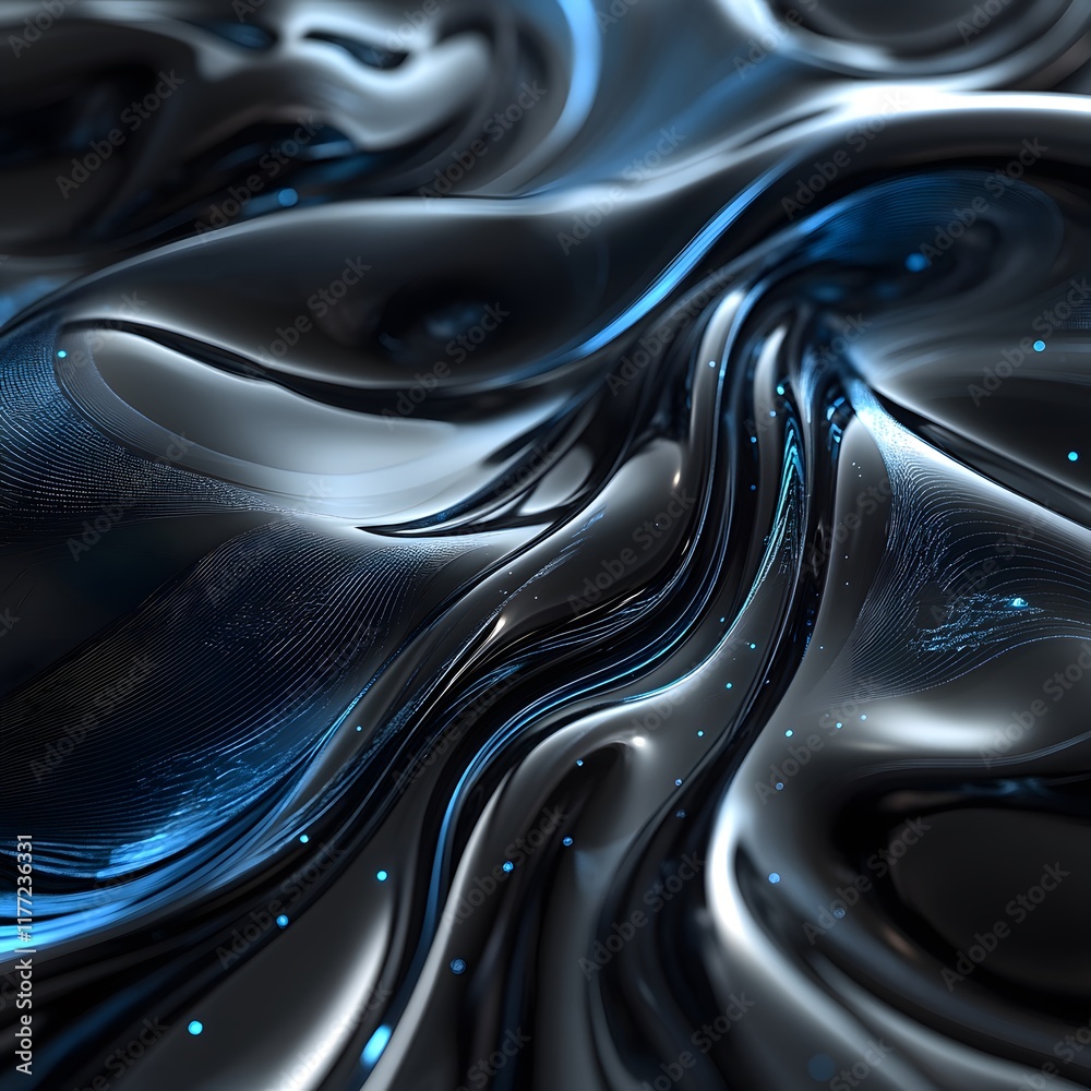 Fototapeta premium Fluid black waves with blue highlights create a mesmerizing abstract design