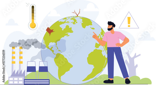 An illustration of global challenges and sustainable solutions, featuring a world map with interconnected icons representing environmental issues, renewable energy