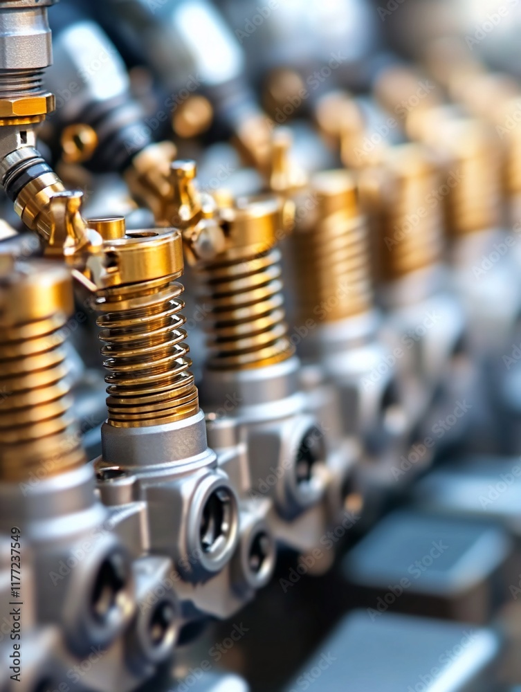 Close-up of gleaming engine components, showcasing intricate details and metallic textures. Close-up of gleaming engine components, showcasing intricate details and metallic textures.