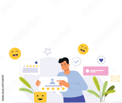 An illustration of the user feedback and rating process, featuring a digital interface with customers providing ratings, leaving reviews, and sharing feedback