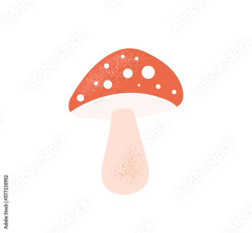 Cartoon fly agaric mushroom, red amanita muscaria. Poisonous fall or autumn forest mushroom. Hand drawn vector illustration isolated on white background. Flat cartoon style element for icon, sticker