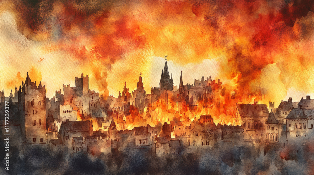 Fototapeta premium dramatic cityscape engulfed in flames, showcasing fiery siege with medieval architecture. intense colors evoke sense of chaos and urgency