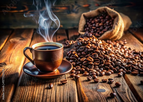 Aromatic Roasted Coffee Beans and Steaming Cup - Candid Photo