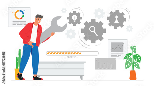 An illustration of process improvement and workflow optimization, featuring a team analyzing and refining workflo