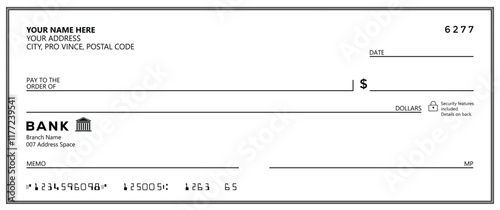 Bank check, vector blank money cheque, checkbook template with guilloche pattern and fields. Currency payment coupon, money check background