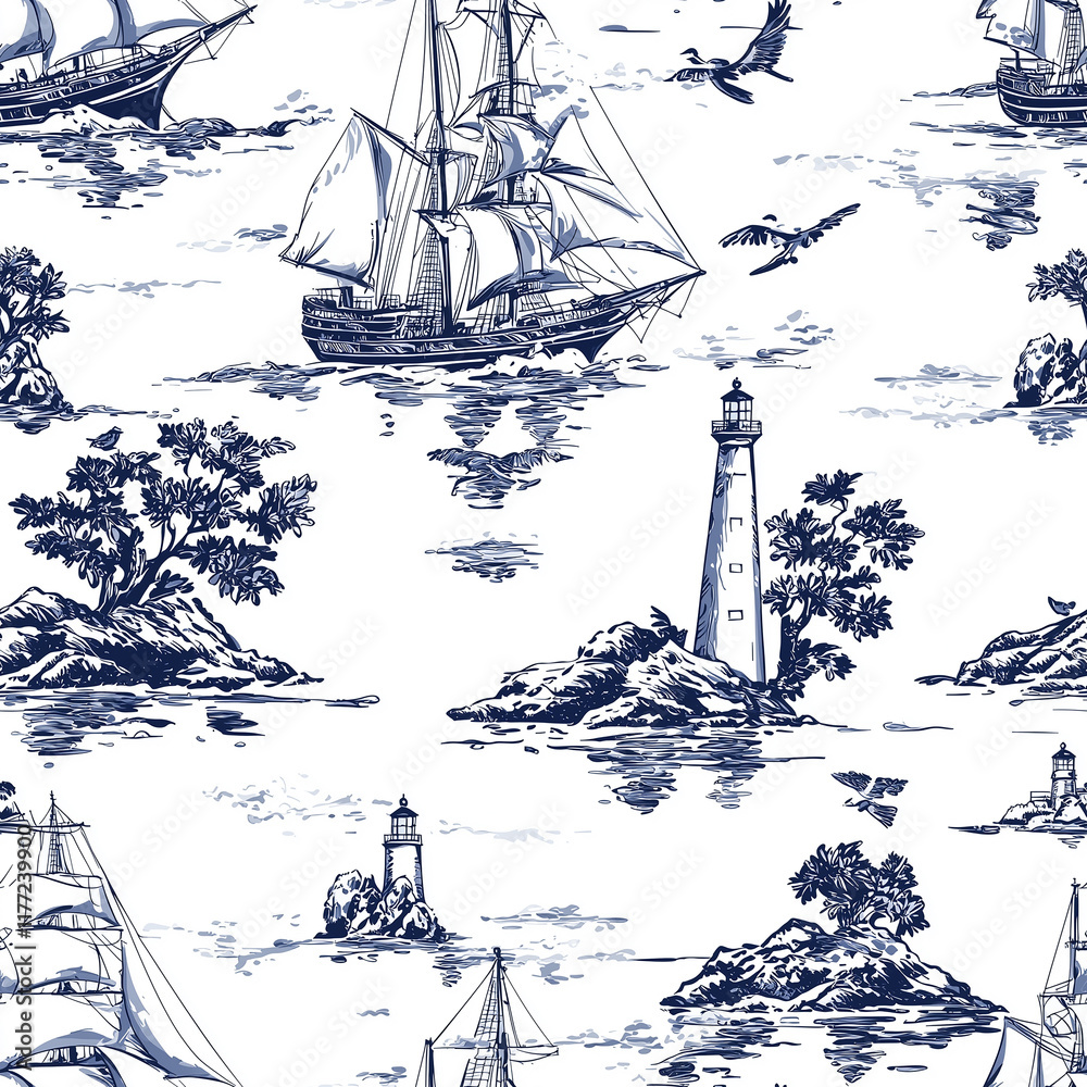 Seamless pattern of sailboats and lighthouses coastal landscape textile design nautical theme aesthetic view toile de jouy concept