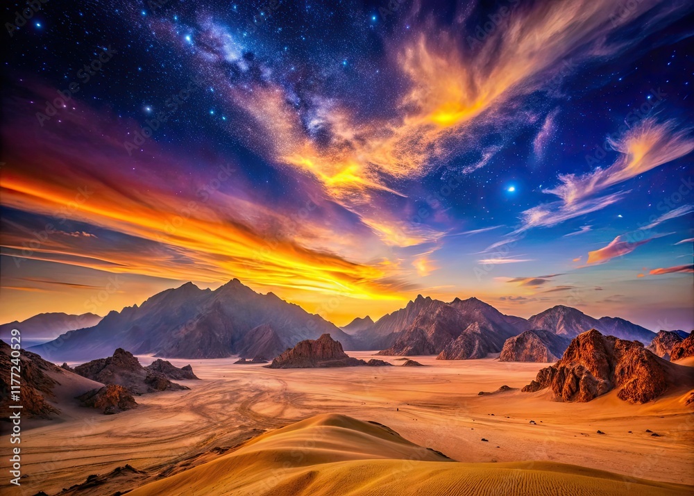 Fototapeta premium Long exposure captures Sinai's majestic mountain sunset, transforming the Egyptian desert into a starry canvas.