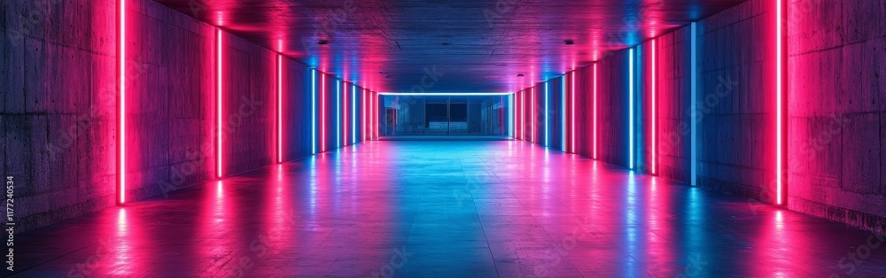 A futuristic corridor illuminated with neon lights, perfect for sci-fi, gaming, or modern studio backgrounds. A futuristic corridor illuminated with neon lights, perfect for sci-fi, gaming, or modern studio backgrounds.