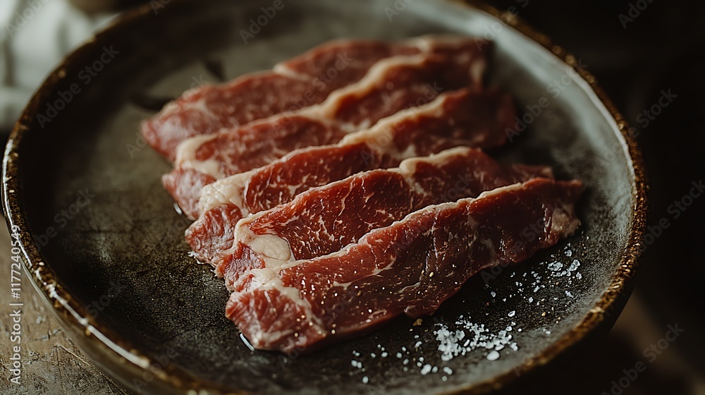 Slices of raw marbled beef on plate, closeup Slices of raw marbled beef on plate, closeup
