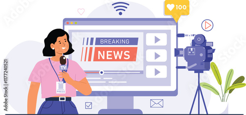 An illustration of a TV reporter delivering breaking news, standing in front of a camera with a microphone, capturing the dynamic moment of a live broadcast in a newsroom setting.