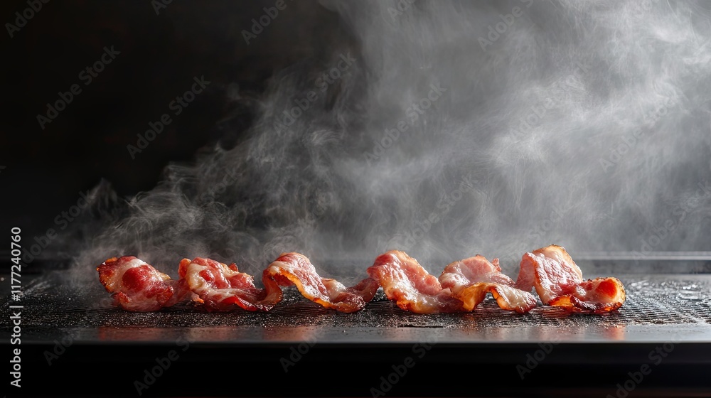 Crispy Bacon Strips Sizzling On A Dark Surface