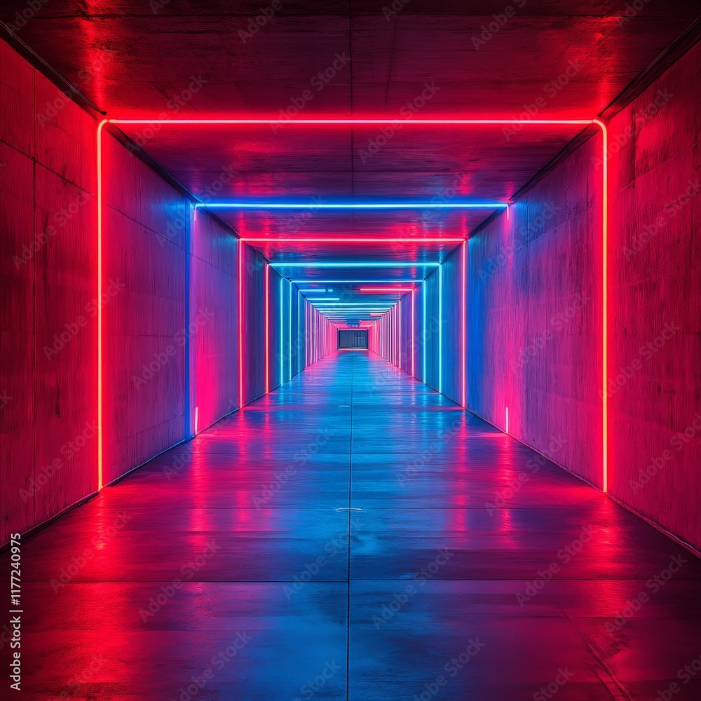 A futuristic corridor illuminated with neon lights, perfect for sci-fi, gaming, or modern studio backgrounds. A futuristic corridor illuminated with neon lights, perfect for sci-fi, gaming, or modern studio backgrounds.