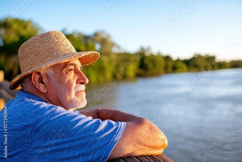 A thoughtful elderly man in a straw hat gazes out over a tranquil river at sunset, embodying serenity and reflection in a natural setting filled with greenery. photo