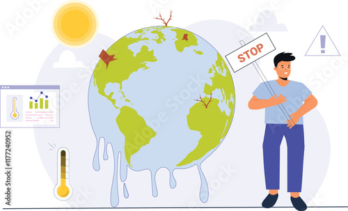 An illustration of climate change awareness with action-oriented strategies, featuring diverse individuals engaging in eco-friendly actions like recycling, using renewable energy, planting trees