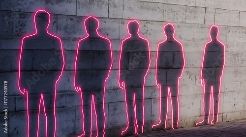 Pink Neon Outlines of Five Male Figures Against a Wall photo