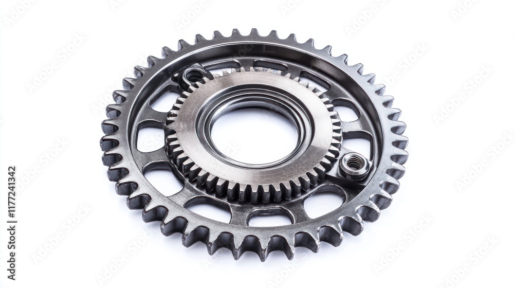 A metallic gear with teeth, used in machinery for transferring motion. A metallic gear with teeth, used in machinery for transferring motion.