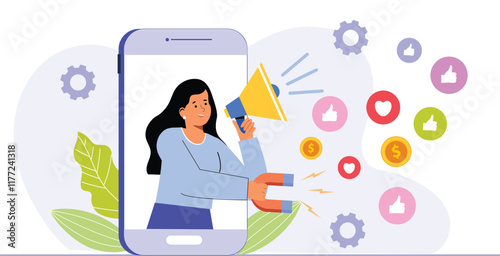 An illustration of creative affiliate marketing campaign concepts, featuring individuals sharing referral links, earning commissions, and tracking performance through dashboards