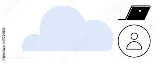 Blue cloud shape, black laptop, user profile circle. Ideal for data storage, cloud computing, online identity, digital communication, tech services virtual interaction internet privacy. Abstract