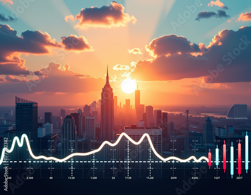 NYC sunset skyline stock market graph