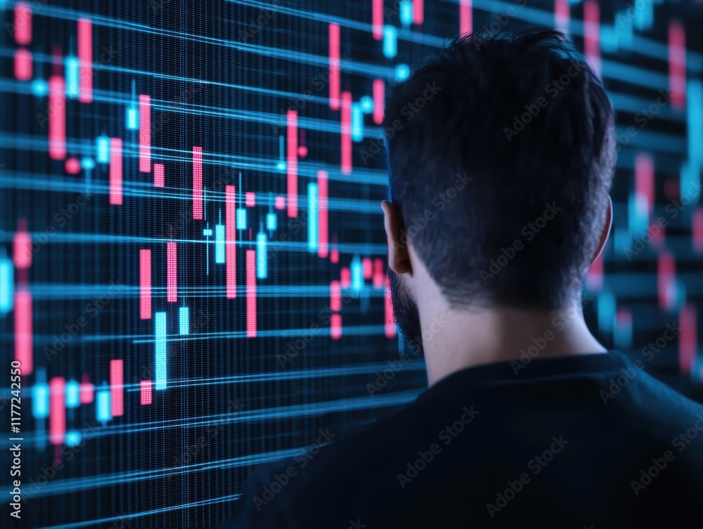 Man Analyzing Stock Market Trends on Digital Data Chart Display with Candlestick Graph Man Analyzing Stock Market Trends on Digital Data Chart Display with Candlestick Graph