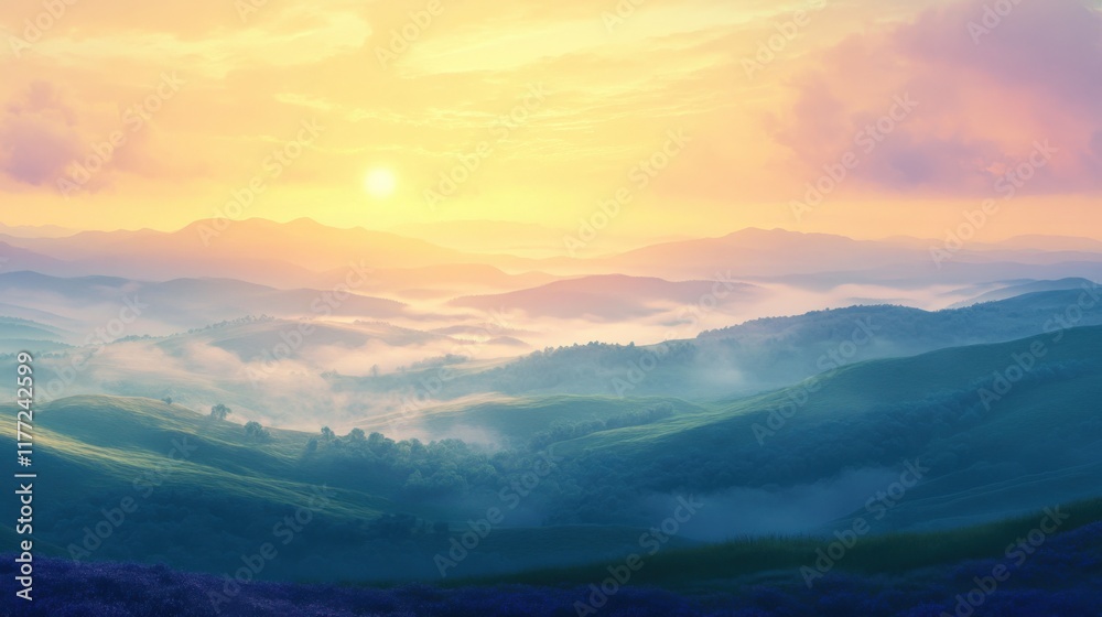 Obraz premium Rolling hills at sunrise with mist