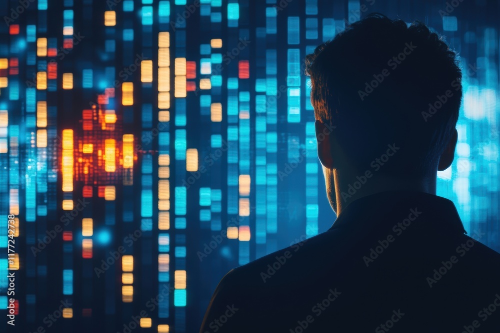 Person Contemplating Data Visualizations in a High-Tech Digital Environment
