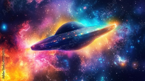 Futuristic spaceship flying through vibrant nebula in outer space. photo