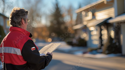 Postal Worker Handing Package at Contemporary Home with Subtle Suburban Ambiance. Urban Delivery Scene with Soft Focus Backdrop. photo