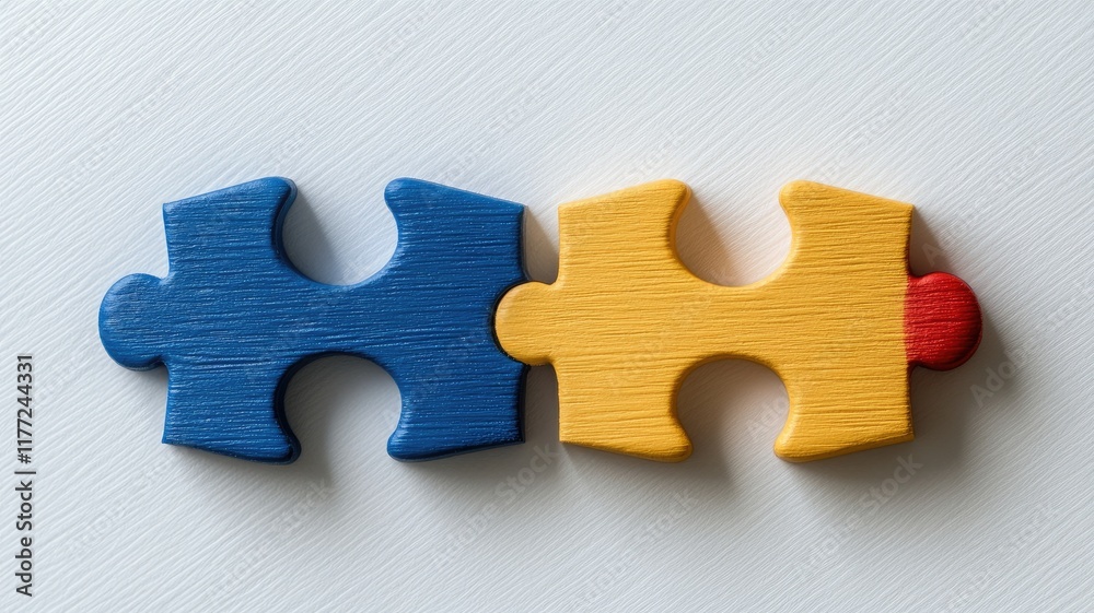 Fototapeta premium Two interlocking blue and yellow puzzle pieces on white background