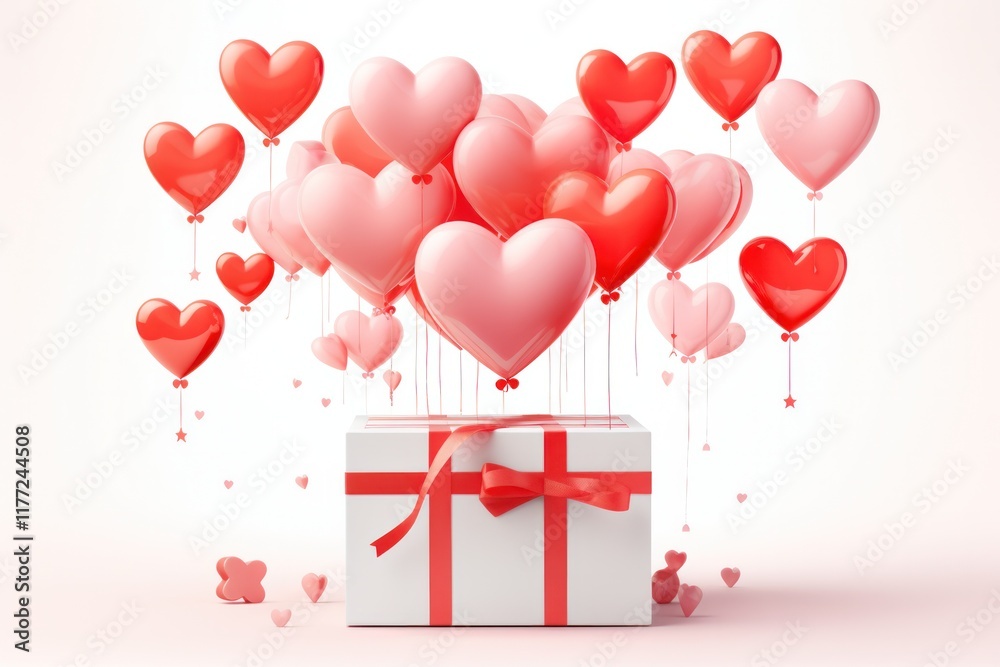 A beautifully designed gift box with a floating heart balloon, surrounded by festive A beautifully designed gift box with a floating heart balloon, surrounded by festive