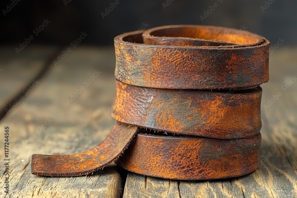 Rolled distressed leather strap on rustic wooden table against dark background, potential craft material Rolled distressed leather strap on rustic wooden table against dark background, potential craft material