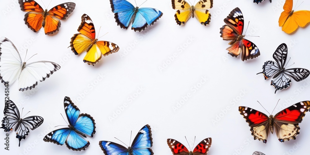 Fototapeta premium Colorful butterflies arranged in a circular pattern on a white background showcasing diverse species and vibrant hues