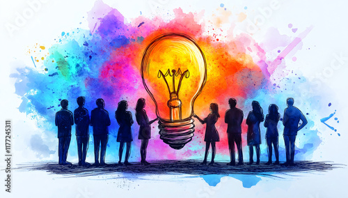 group of people standing together, holding hands, with glowing light bulb symbolizing bright business idea. colorful background adds creative and inspiring atmosphere