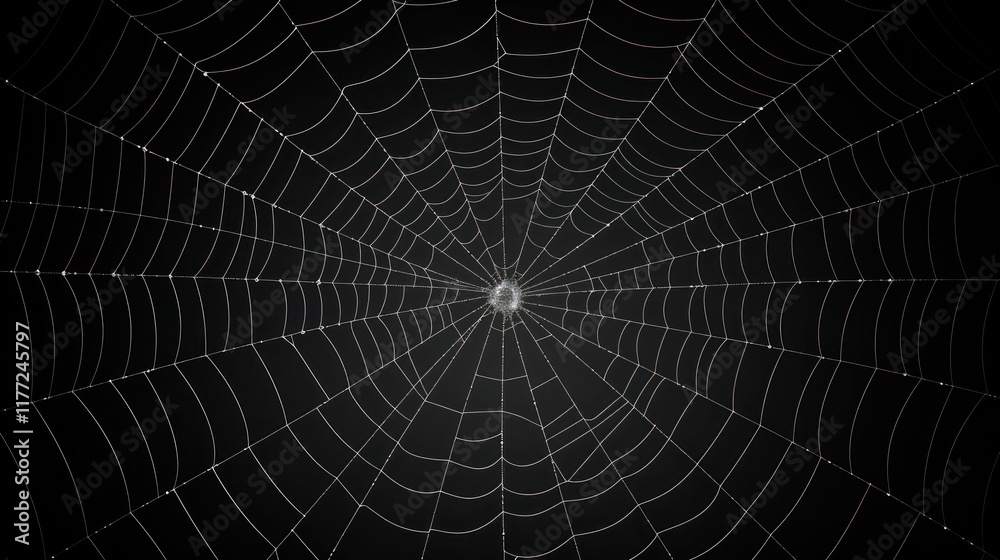 Fototapeta premium A spider web intricately woven, its delicate threads forming a geometric pattern, set against a stark black wall.