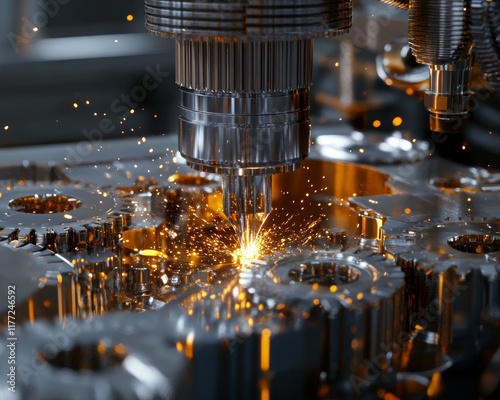 High tech machinery in action with intricate gears and sparks flying photo