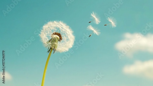Delicate Dandelion Seeds Floating Gently in a Clear Blue Sky on a Sunny Day