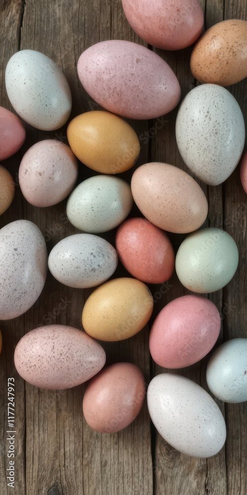 Speckled and solid-colored Easter eggs arranged artfully on rustic wood, bunny, nature, wood background Speckled and solid-colored Easter eggs arranged artfully on rustic wood, bunny, nature, wood background