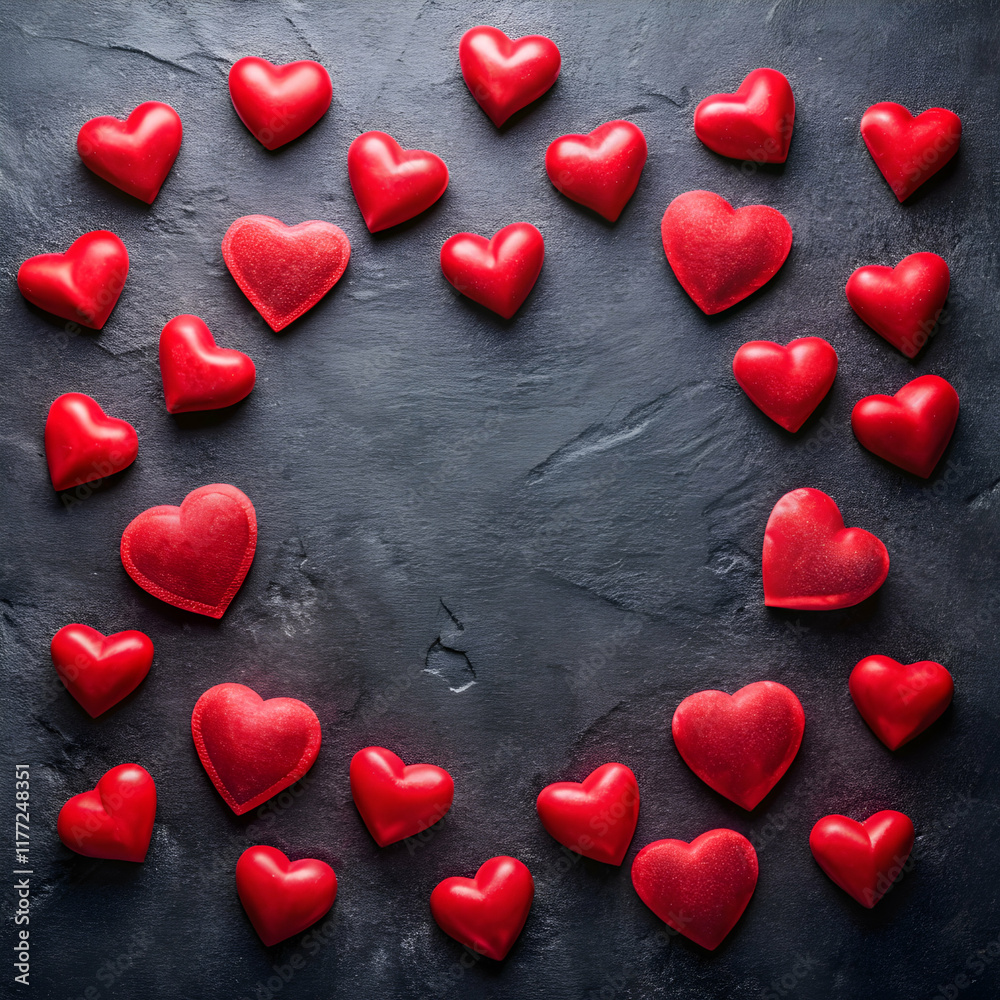 Fototapeta premium Happy valentine s day background with red hearts arranged on black background